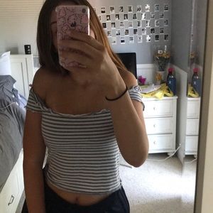 blue & white off the shoulder top from brandy(: